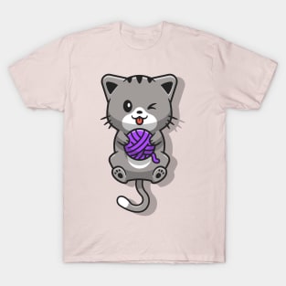 Cute Cat Playing Yarn Ball Cartoon T-Shirt